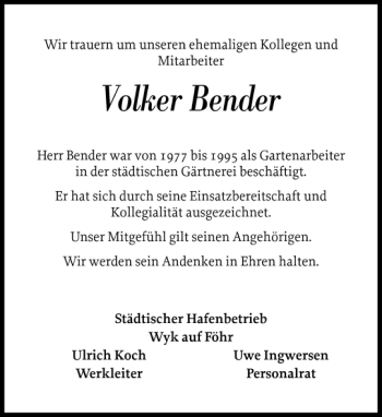 Traueranzeige von Volker Bender von Der Insel-Bote