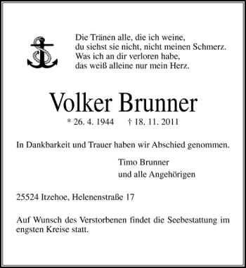 Traueranzeige von Volker Brunner von Norddeutsche Rundschau