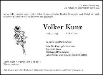 Traueranzeige von Volker Kunz von Elmshorner Nachrichten