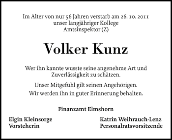 Traueranzeige von Volker Kunz von Elmshorner Nachrichten