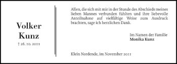 Traueranzeige von Volker Kunz von Elmshorner Nachrichten