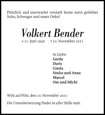 Traueranzeige von Volkert Bender von Der Insel-Bote