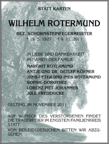 Traueranzeige von WILHELM ROTERMUND von Flensburger Tageblatt