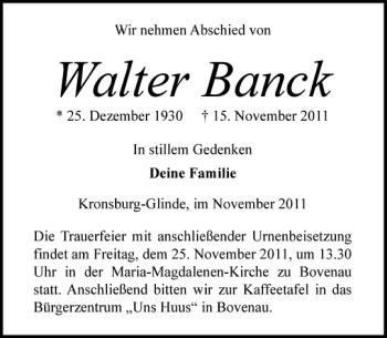 Traueranzeige von Walter Banck von Landeszeitung