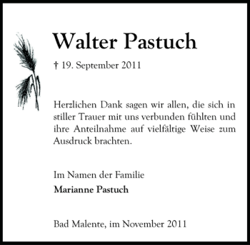 Traueranzeige von Walter Pastuch von Nordfriesland Tageblatt