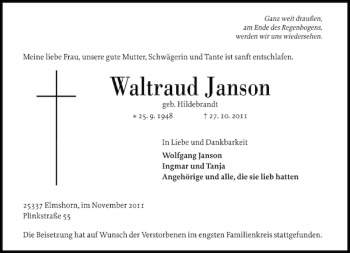 Traueranzeige von Waltraud Janson von Elmshorner Nachrichten