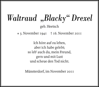 Traueranzeige von Waltraud Blacky Drexel von Norddeutsche Rundschau