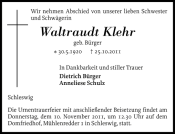 Traueranzeige von Waltraudt Klehr von Schleswiger Nachrichten