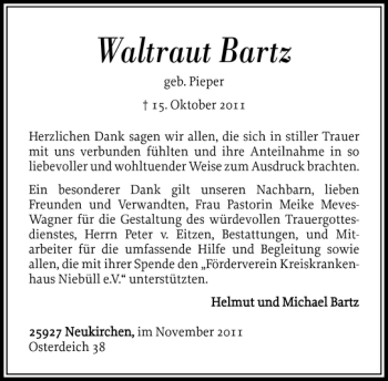 Traueranzeige von Waltraut Bartz von Nordfriesland Tageblatt