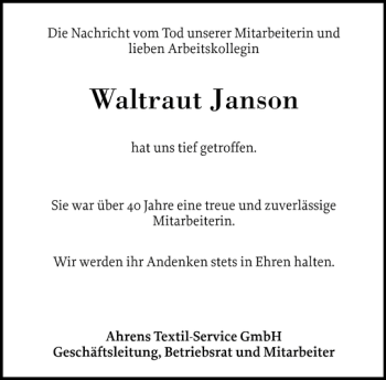 Traueranzeige von Waltraut Janson von Elmshorner Nachrichten