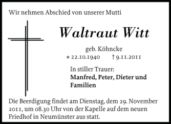 Traueranzeige von Waltraut Witt von Holsteinischer Courier
