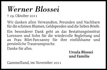 Traueranzeige von Werner Blossei von Schleswiger Nachrichten