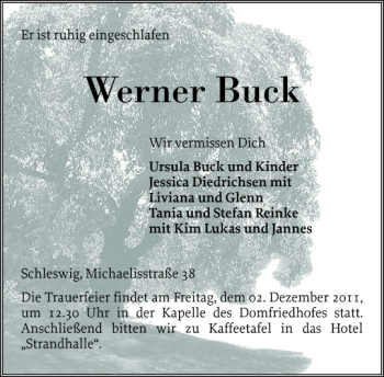 Traueranzeige von Werner Buck von Schleswiger Nachrichten