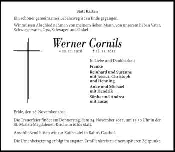 Traueranzeige von Werner Cornils von Landeszeitung