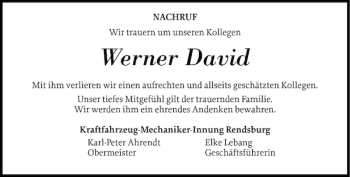 Traueranzeige von Werner David von Landeszeitung