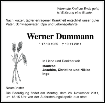 Traueranzeige von Werner Dummann von Holsteinischer Courier
