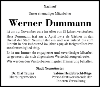Traueranzeige von Werner Dummann von Holsteinischer Courier