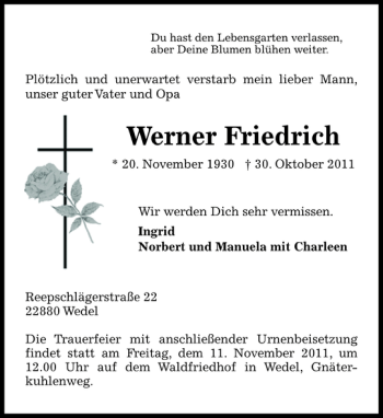 Traueranzeige von Werner Friedrich von Pinneberger Tageblatt