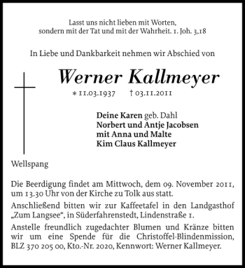 Traueranzeige von Werner Kallmeyer von Schleswiger Nachrichten