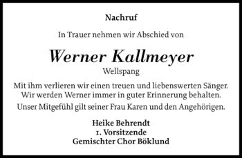 Traueranzeige von Werner Kallmeyer von Schleswiger Nachrichten