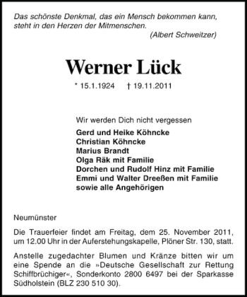 Traueranzeige von Werner Lück von Holsteinischer Courier