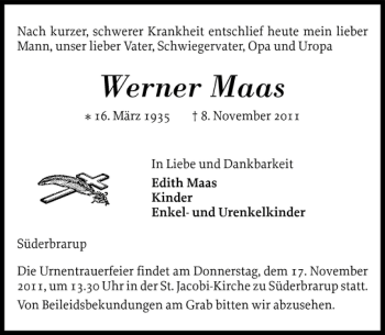 Traueranzeige von Werner Maas von Schleswiger Nachrichten