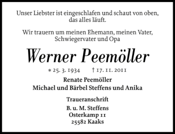Traueranzeige von Werner Peemöller von Norddeutsche Rundschau