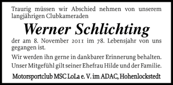 Traueranzeige von Werner Schlichting von Norddeutsche Rundschau