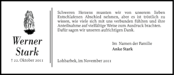 Traueranzeige von Werner Stark von Norddeutsche Rundschau