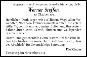 Traueranzeige von Werner Steffen von Flensburger Tageblatt