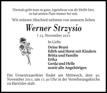 Traueranzeige von Werner Strzysio von Flensburger Tageblatt