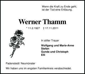 Traueranzeige von Werner Thamm von Holsteinischer Courier