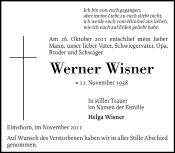 Traueranzeige von Werner Wisner von Elmshorner Nachrichten
