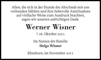 Traueranzeige von Werner Wisner von Elmshorner Nachrichten
