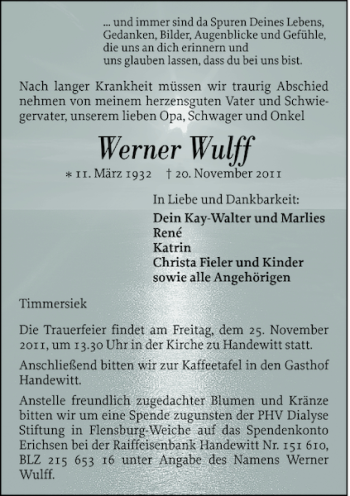 Traueranzeige von Werner Wulff von Flensburger Tageblatt
