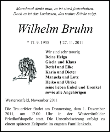 Traueranzeige von Wilhelm Bruhn von Landeszeitung