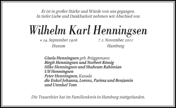 Traueranzeige von Wilhelm Karl Henningsen von Husumer Nachrichten