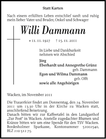 Traueranzeige von Willi Dammann von Norddeutsche Rundschau