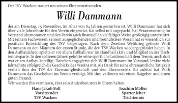 Traueranzeige von Willi Dammann von Norddeutsche Rundschau