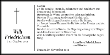 Traueranzeige von Willi Friedrichsen von Flensburger Tageblatt