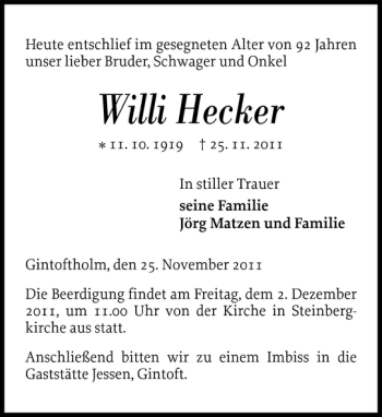 Traueranzeige von Willi Hecker von Flensburger Tageblatt