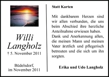 Traueranzeige von Willi Langholz von Landeszeitung