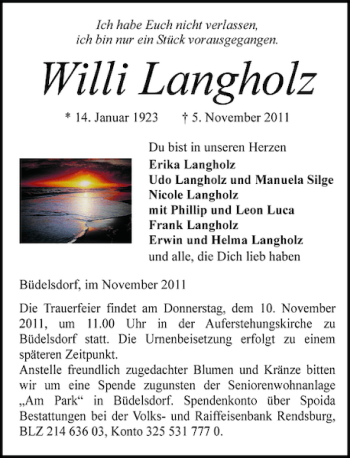 Traueranzeige von Willi Langholz von Landeszeitung
