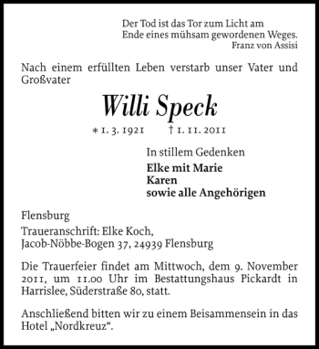 Traueranzeige von Willi Speck von Flensburger Tageblatt