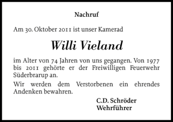 Traueranzeige von Willi Vieland von Schleswiger Nachrichten