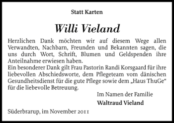 Traueranzeige von Willi Vieland von Schleswiger Nachrichten
