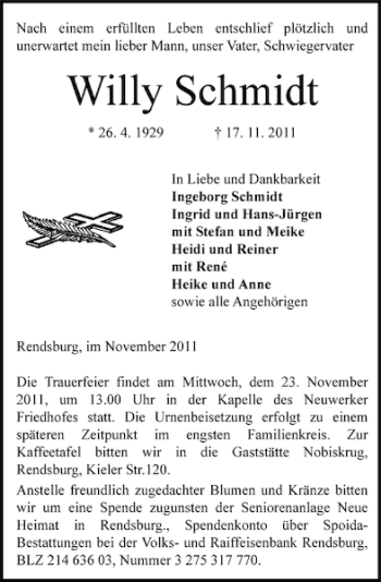 Traueranzeige von Willy Schmidt von Landeszeitung