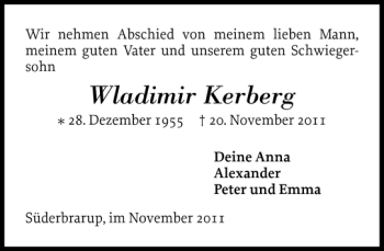 Traueranzeige von Wladimir Kerberg von Schleswiger Nachrichten