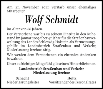 Traueranzeige von Wolf Schmidt von Norddeutsche Rundschau