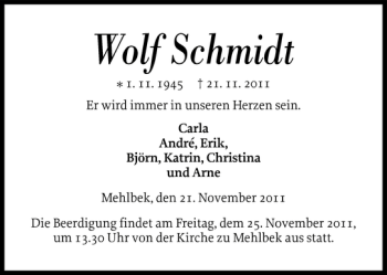 Traueranzeige von Wolf Schmidt von Norddeutsche Rundschau